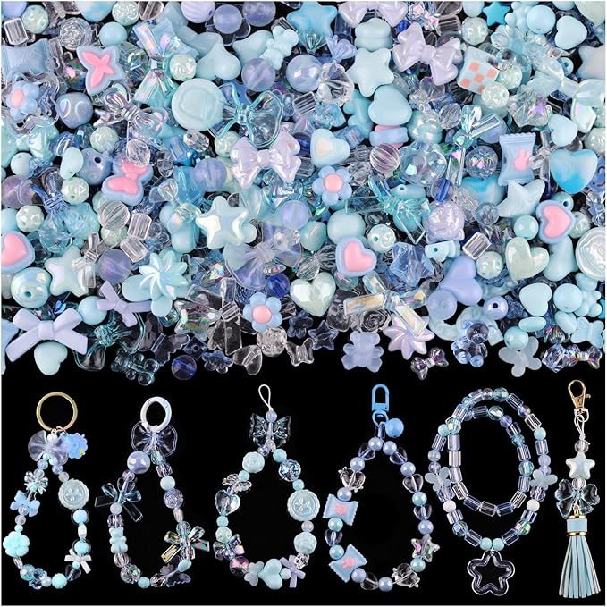 Assorted 170-230PCS Blue Acrylic Beads for Bracelet Making, Flower Bow Butterfly Candy GummyBear Aesthetic Bracelet Charms,Cute Beads for Jewelry Making DIY Necklace Keychain Phone Charm-CubbioJoy