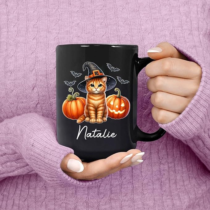 Custom Halloween Orange Tabby Coffee Cup, Personalized Name Orange Tabby with Pumpkins Ceramic Mug, Cat Witch Pumpkin Mug 11oz 15oz, Pet Cat Halloween Black Cup, Gift Idea for Pet Enthusiast-CubbioJoy