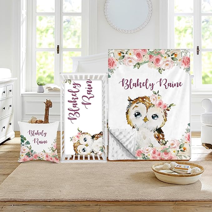 Custom Crib Bedding Set - Owl Design Personalized Name Baby Nursery Bed 3 Pcs Set - Chic Soft Blanket with Dotted Backing, Sheet, Pillowcase for Newborn Girls Boys Gifts Color22-CubbioJoy