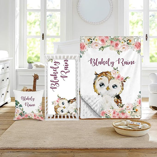 Custom Crib Bedding Set - Owl Design Personalized Name Baby Nursery Bed 3 Pcs Set - Chic Soft Blanket with Dotted Backing, Sheet, Pillowcase for Newborn Girls Boys Gifts Color22-CubbioJoy