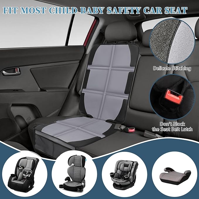 Car Seat Protector, 2 Pack Baby CarSeat Covers with Mesh Pockets & Non-Slip Backing 600D Durable Seat Protectors Under Car Seat for Baby(Gray, Large)-CubbioJoy
