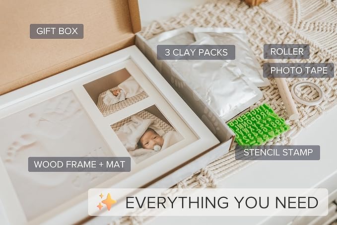 Baby Hand & Footprint Frame Keepsake Kit | Capture Milestone Moments with Safe Clay, Stencil Set & Wood Frame | Perfect Newborn Gift for Baby Showers | White-CubbioJoy