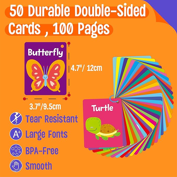 Animal Flashcards, 50 Double-Sided Cards, Wild/Farm/Marine Animal Cards Educational Learning Tools for Preschool and Toddlers Learning (2 Reclosable Rings Attached)-CubbioJoy