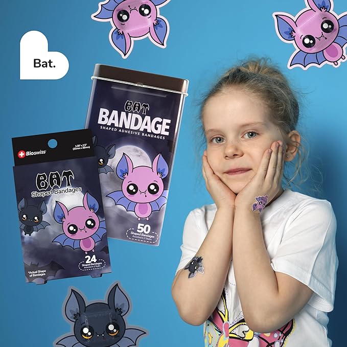 BioSwiss Bandages, Halloween Bat Shaped Self Adhesive Bandage, Latex Free Sterile Wound Care, Fun First Aid Kit Supplies for Kids, 50 Count-CubbioJoy