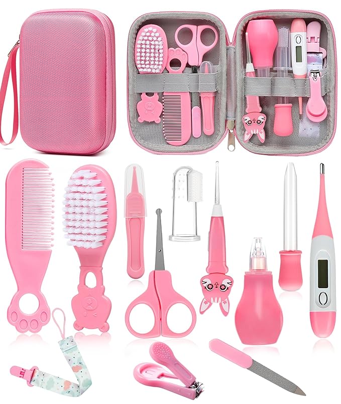 Baby Healthcare and Grooming Kit, Safety Newborn Nursery Baby Care Kit, with Hair Brush Comb, Nail Clipper, Thermometer, Pacifier Clip, Baby Registry Search, Baby Girl Boy Newborn Essentials-CubbioJoy