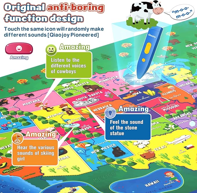 Bilingual Interactive for Kids Talking USA Map for Kids Learning, Geography Toys Games Educational Electronic Map Christmas Personalized Gift/Toys for 4 5 6 7 8 9 10 Year Old Girls/Boys-CubbioJoy