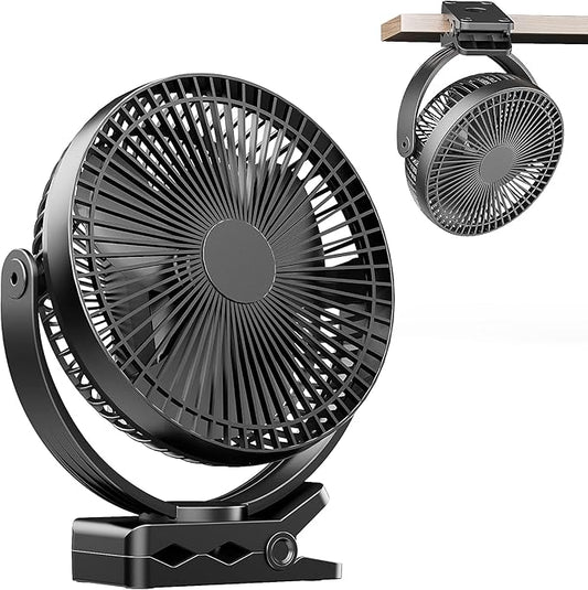 ATEngeus USB Desk Fan, Rechargeable Portable Fan, 8-Inch Clip on Fan, 10000mAh Stroller Fan, 4 Speeds Strong Airflow, 720° Rotation, with Sturdy Clamp, Suitable for home, office and stroller-CubbioJoy