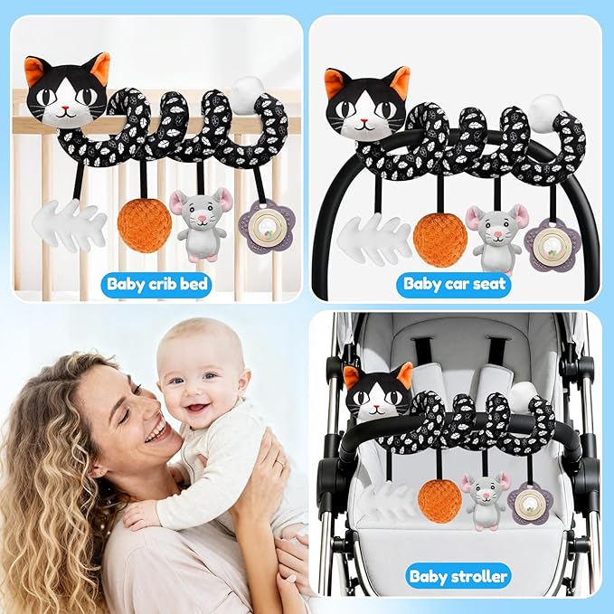 Car Seat Toys for Babies 0-6 Months,Hanging Rattle Toys for Crib Mobile, Baby Spiral Hanging Stroller Black and White High Contrast Toys for Newborn 0 3 6 9 12 Months Baby Boys Girls (Cat)-CubbioJoy