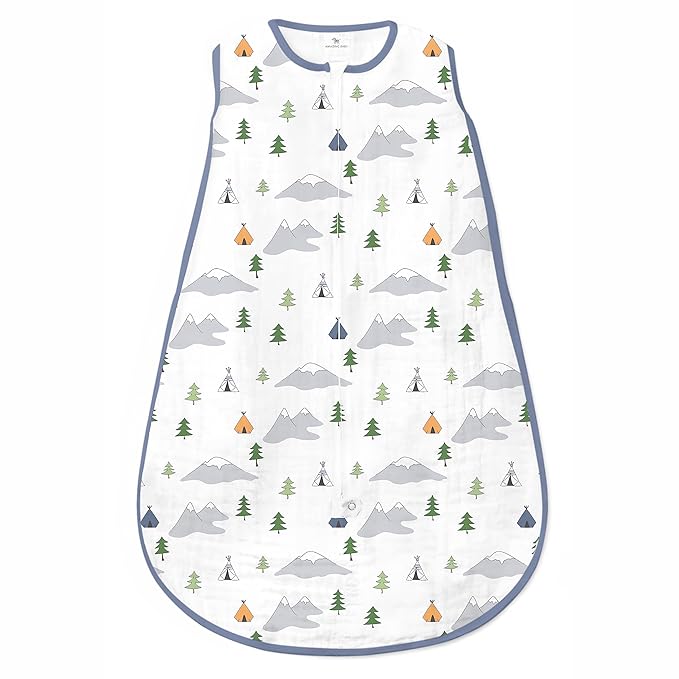 Amazing Baby Cotton Muslin Sleeping Sack, For Baby Boy or Girl, Wearable Blanket with 2-way Zipper, Outdoor Adventure, Denim, Small (0-6 Month)-CubbioJoy