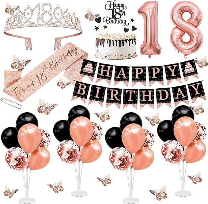 18th Birthday Decorations for Girls Women - 56pcs Rose Gold Happy 18th Banner, 18th Birthday Crown Sash, Cake Topper, Number 40 balloons, 3D Butterflies, 4 Balloon Stands kits-CubbioJoy