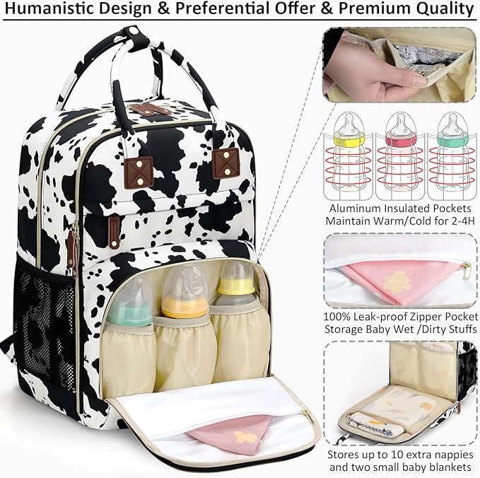 Diaper Bag Backpack for Women with Changing Pad, Baby Bag with Insulated Pockets Multifunctional Diaper Bags For Baby Girl Boy Waterproof Baby Bags For Boys Girls Maternity Bag Cow Print-CubbioJoy