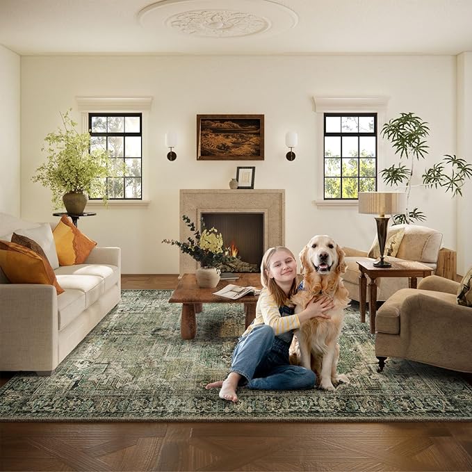 9x12 Area Rugs for Living Room: Washable Bedroom Rug Boho Vintage Rugs Stain Resistant Non Slip Low Pile Soft Lightweight Carpet for Kitchen Dining Room Farmhouse Nursery Kids Room-CubbioJoy