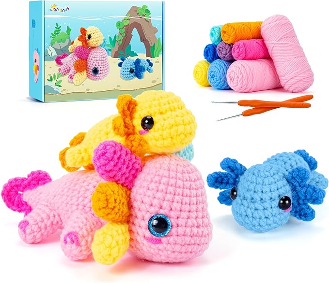 Crochet Kit for Beginners-3PCS Axolotl Crochet Kits for Adults Kids, Crochet Starter Kit with Step-by-Step Video Tutorials, Crochet Animals Kits DIY Craft Knitting Kit Learn to Crochet Kits for Adults-CubbioJoy