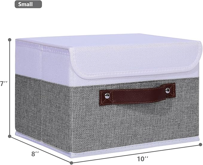 ANMINY 4PCS Storage Boxes with Lid Washable Decorative Storage Bins Basket with PU Leather Handle Foldable Linen Fabric Storage Cubes Containers for Home Closet Organizer - Gray White, Small Size-CubbioJoy