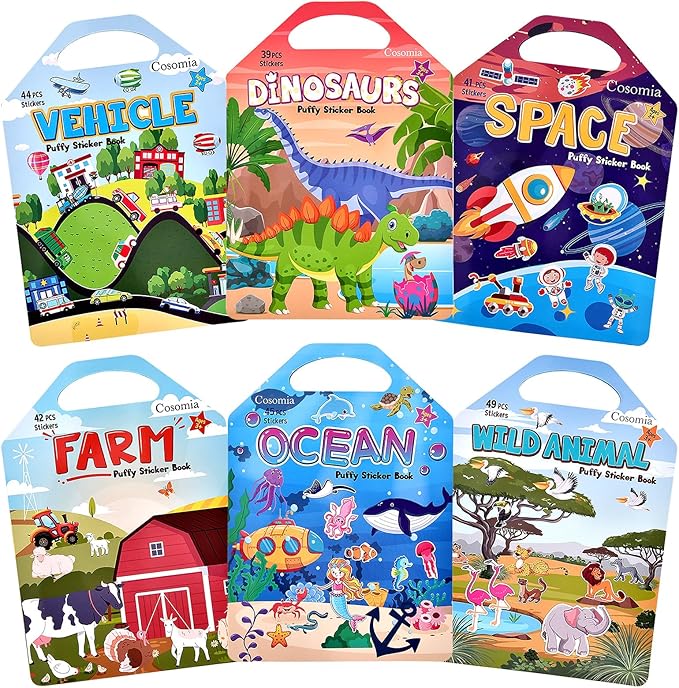 6 Set (260pcs) Puffy Sticker Books Activity for Kids, Animal, Farm, Dinosaurs, Space, Vehicle, Ocean, 3D Reusable Stickers for Boys and Girls, Travel Sticker Books for Kids Ages 3+-CubbioJoy