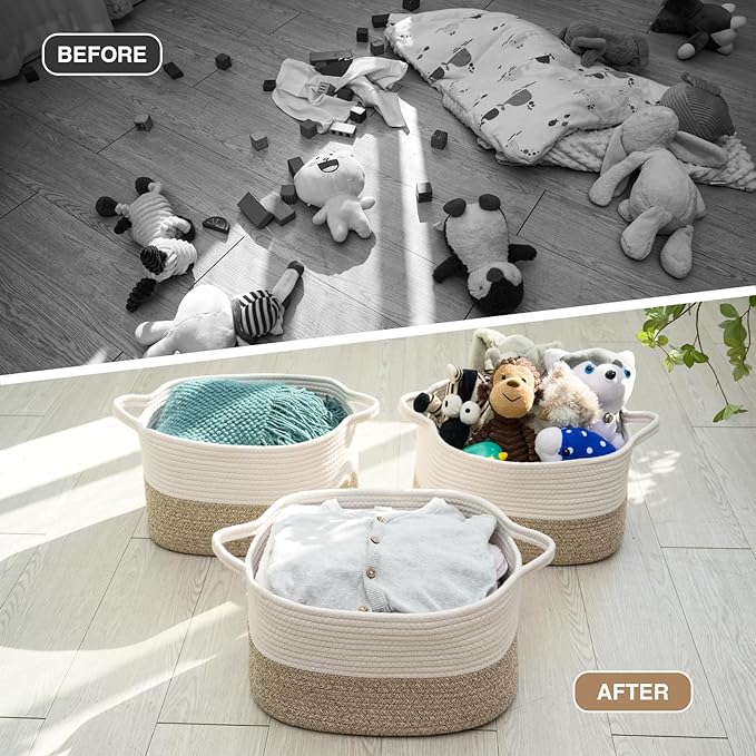 Cotton Rope Woven Storage Basket, Used for Baby Hamper Toy Organizer, Gift Baskets Empty,Kids Laundry Basket,Baby Blanket Basket. Size 15x10x8.7 Inches. (White&Brown-3PCS)-CubbioJoy