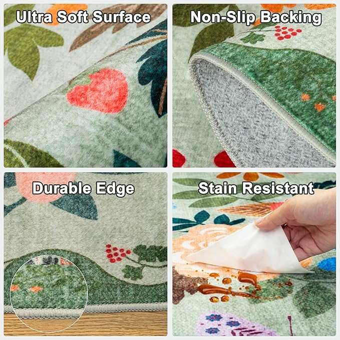 Area Rug Living Room Rugs: Floral 5x7 Washable Rug Vintage Soft Boho Non-Slip Carpet Indoor Stain Resistant Large Carpets for Bedroom Dining Room Farmhouse Nursery Hallway Home Office Green-CubbioJoy