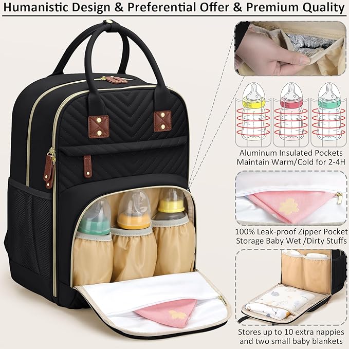 Diaper Bag Backpack for Women with Changing Pad, Baby Bag with Insulated Pockets Multifunctional Diaper Bags For Baby Girl Boy Waterproof Baby Bags For Boys Girls Maternity Bag Black-CubbioJoy