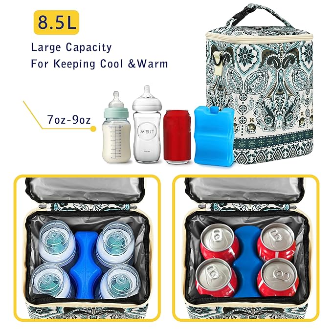 Breastmilk Cooler Bag with Ice Pack Fits 4 Baby Bottles Up to 9 Ounce Insulated Baby Bottle Bag Breast Milk Cooler on The Go with Strap Baby Bottle Cooler Bag for Nursing Mom Daycare or Travel-CubbioJoy