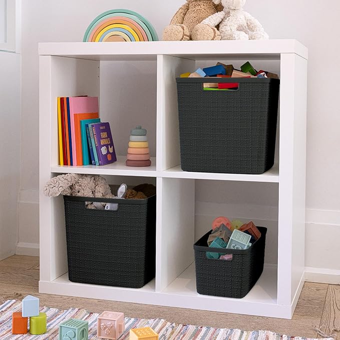 Curver Set of 4 Jute Large Cube Decorative Plastic Organization and Storage Baskets, Perfect Bins for Home Office, Closet Shelves, Kitchen Pantry and All Bedroom Essentials, Black-CubbioJoy