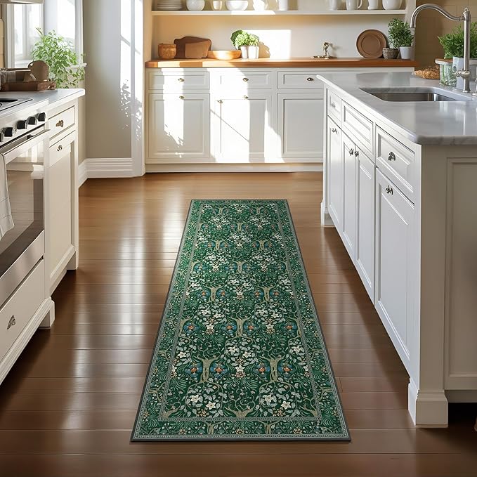 Joydeco Washable Runner Rug Non Slip, Floral Kitchen Carpet Runner 2x6, Soft Low-Pile Botanical Forest Indoor Floor Door Mat for Hallway Bathroom Entryway Laundry Room, Dark Green-CubbioJoy
