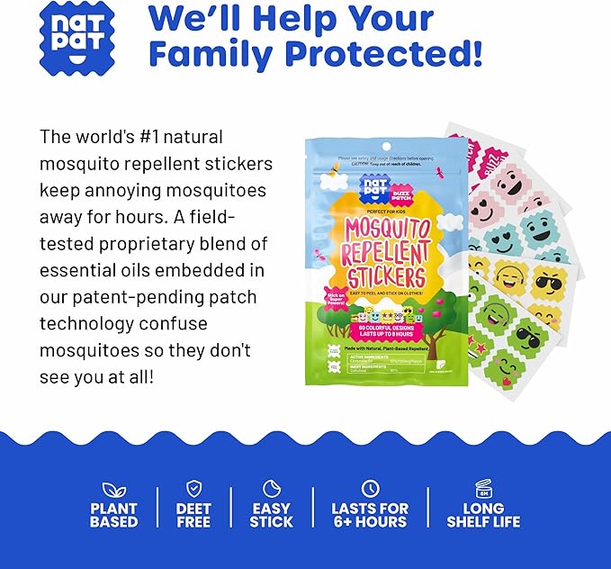 BuzzPatch Mosquito Patch Stickers for Kids (60 Pack) - All Natural, Plant Based Ingredients, Non-Toxic, DEET Free, Citronella Essential Oil Insect Patches, for Toddlers, Babies, Children (2)-CubbioJoy