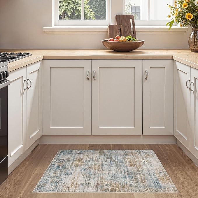 2x3 Entryway Area Rugs: Washable Neutral Abstract Small Rug Door Mat Non-Slip Soft Low Pile Indoor Carpe for Entrance Kitchen Front Door Bathroom Entry Kids Room - Blue Brown-CubbioJoy