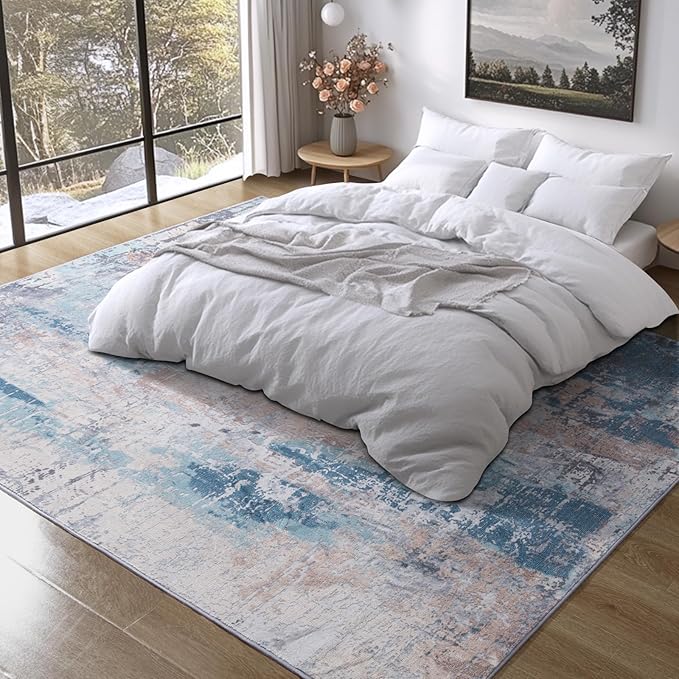 Area Rug Living Room Rug, 4x6 Modern Abstract Washable Rug Beige Blue Non Slip Foldable Faux Wool Vintage Carpet, Fluffy Non-Shedding Rugs for Living Room, Bedroom, Dining Room, Kids Playroom-CubbioJoy