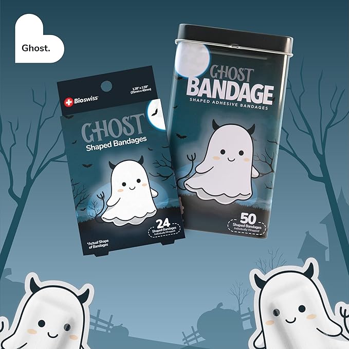 BioSwiss Bandages, Halloween Ghost Shaped Self Adhesive Bandage, Latex Free Sterile Wound Care, Fun First Aid Kit Supplies for Kids, 24 Count-CubbioJoy