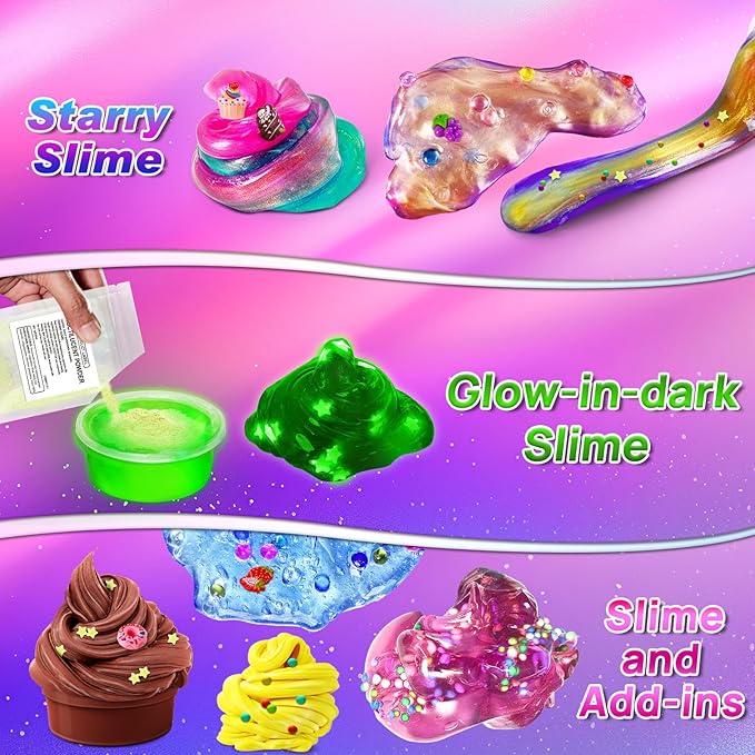 DIY Slime Kit for Girls, Galaxy & Glow in The Dark Slime Making Kit for Kids 6-12, Glimmer Crunchy, Butter & Cloud Slime Kit with Add-ins, Foam Balls, Charms, Glitters, Gift Toys for Boys Girls-CubbioJoy