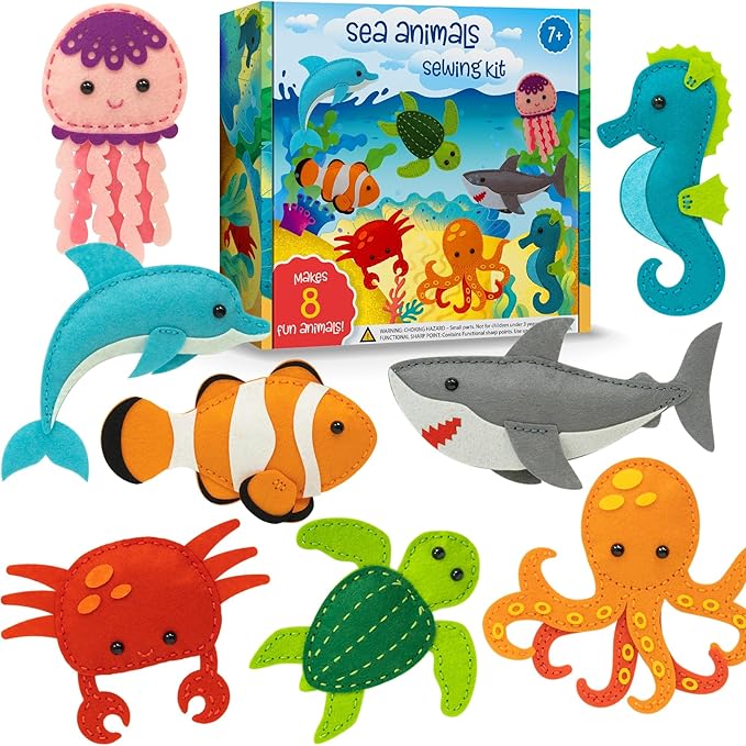 Craftorama Sewing Kit for Kids, Fun and Educational Sea Animal Craft Set for Boys and Girls Age 7-12, Sew Your Own Felt Animals Craft Kit for Beginners, 165 Piece Set-CubbioJoy