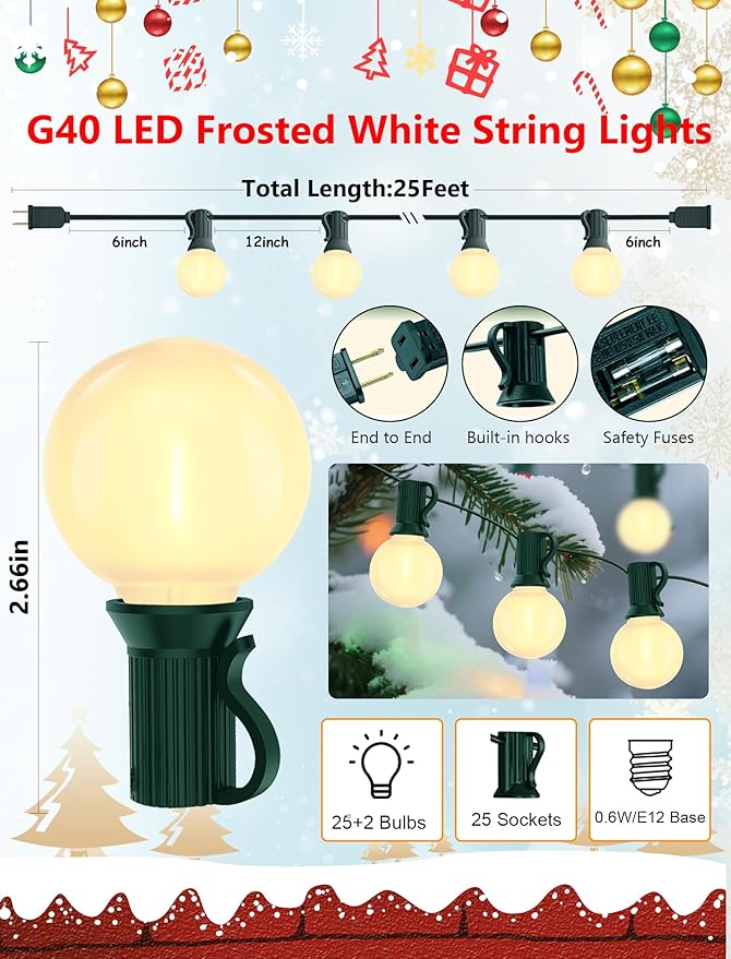 25Ft Outdoor Christmas Lights, Dimmable G40 LED Patio String Lights with 27 Frosted White Globe Bulbs, Green Wire Outdoor Christmas Decorations Lights Waterproof for Wedding Party Porch Backyard-CubbioJoy
