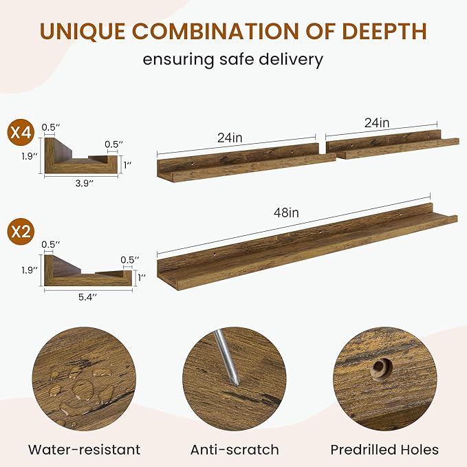 Axeman Picture Ledge Shelf, Floating Shelves for Wall Storage Set of 6, 48 inch Floating Wall Mounted Shelves, Wall Shelves with Lip for Living Room, Bedroom, Nursery, Bathroom, Kitchen, Rustic Brown-CubbioJoy