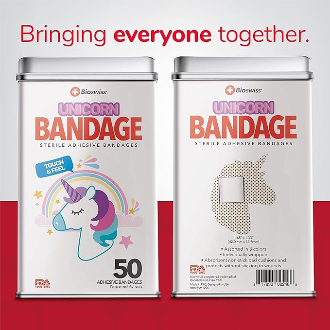 BioSwiss Bandages, Unicorn Shaped Self Adhesive Bandage, Latex Free Sterile Wound Care, Fun First Aid Kit Supplies for Kids, 50 Count-CubbioJoy
