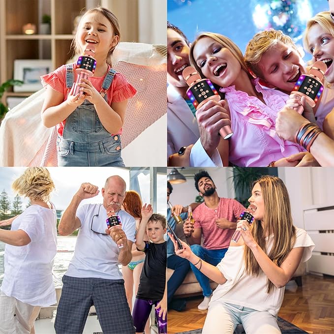 BONAOK Karaoke Microphone for Kids & Adults - Bluetooth Microphones Singing Mic with Disco Lights, Echo Effect, Built-in Speaker Portable Karaoke Player for Party Travel Gifts Q78(Rose Gold)-CubbioJoy