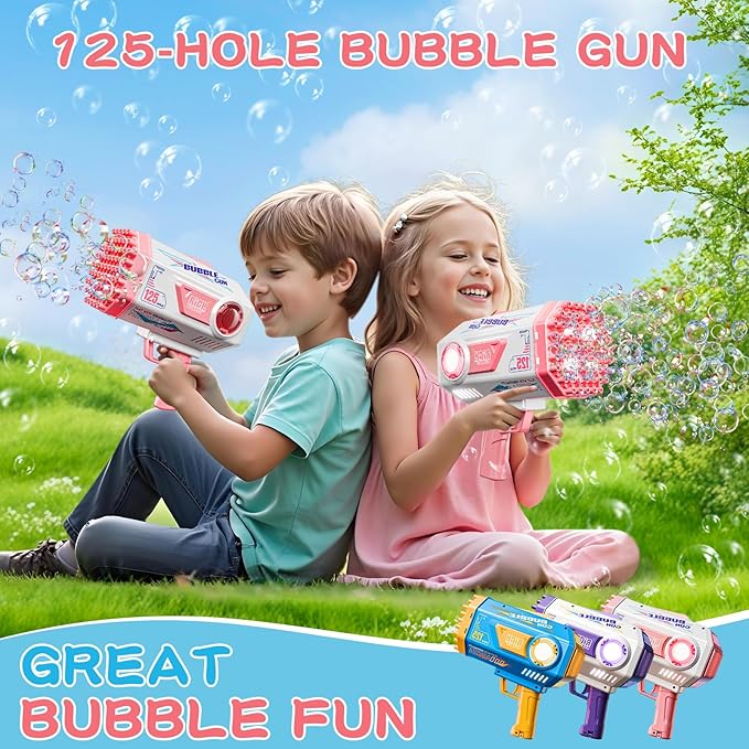 BOMOCO Bubble Gun,125 Holes Bubble Machine Bubbles for Kids Age 3-12,Bubble Blaster Gun with Bubble Solution Summer Outdoor Bubble Toys Birthday Wedding Halloween Party Favors Gifts Bubble Maker,Pink-CubbioJoy