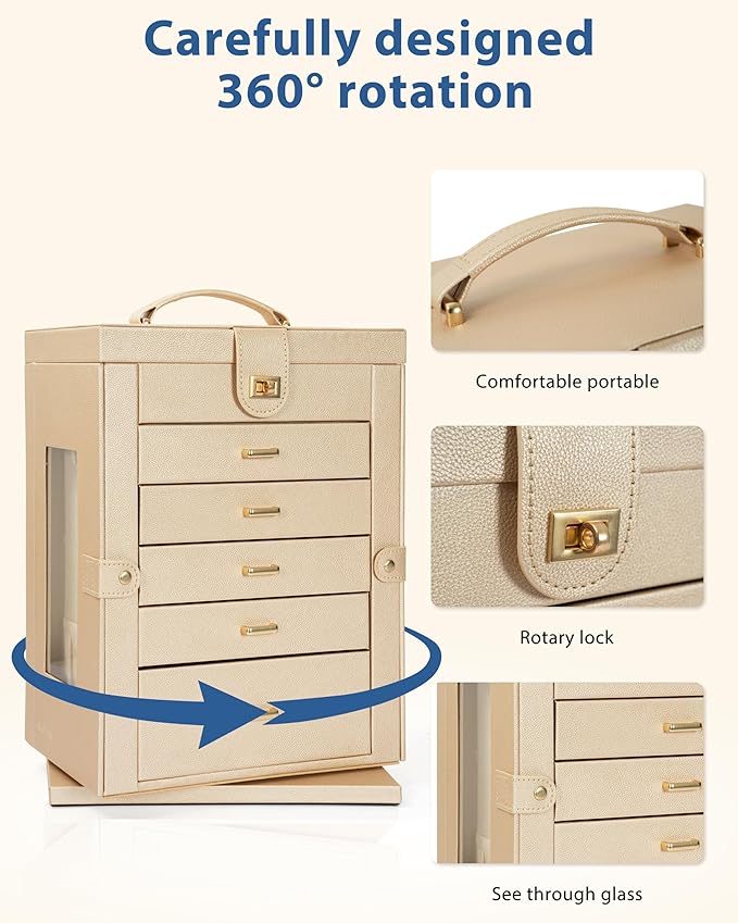 AKOZLIN Jewelry Box 6-Tier Organizer Functional 360° Rotating Jewelry Storage Case for Women Girls Ring Necklace Earring Bracelet Holder with Mirror-CubbioJoy