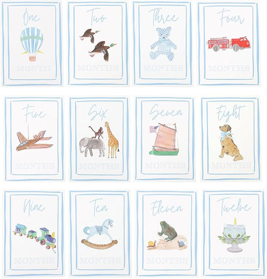 Boy Watercolor Milestone Cards - My First Monthly Milestone Cards,Blue Boy 12 Monthly Newborn Photos(Cards-1)-CubbioJoy