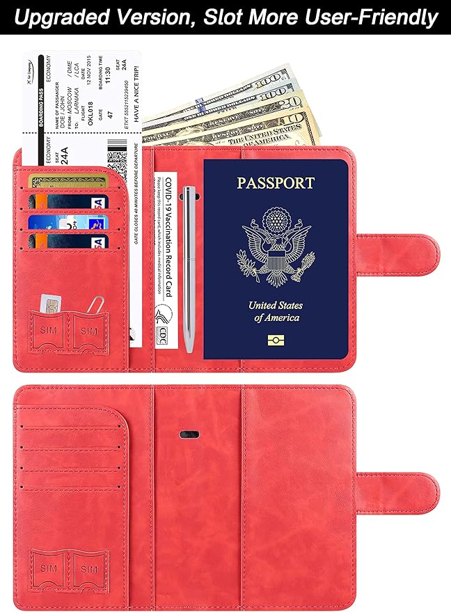 Airtag Passport Holder Cover Wallet Travel Essentials Leather Rfid Blocking Case Vacation Luggage Must Haves Travel Accessories for Men Women (117#Red)-CubbioJoy