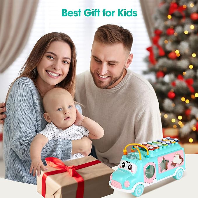 Baby Xylophone for Toddlers 1-3, Bus Shaped Toy Xylophone for Kids with Child Safe Mallet, Shape Sorting Educational Musical Toys and Instruments for Toddlers 1-3-CubbioJoy