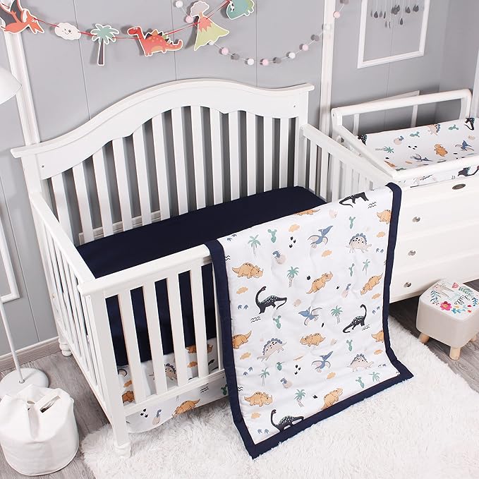 Belsden Dinosaur 3 Piece Crib Bedding Set for Baby Boys Girls, Classic Nursery Bedding Essential Including Comforter, Crib Sheet and Crib Skirt, Ultra Soft Cozy, Dino-CubbioJoy