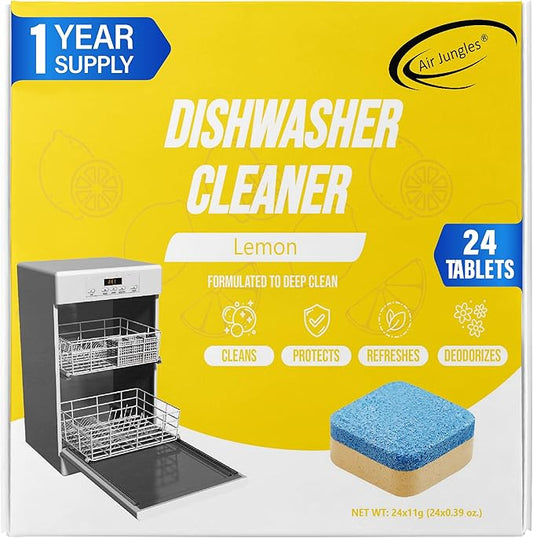 Air Jungles Dishwasher Cleaner Tablets 24 Count, Lemon Scent, Deep Cleaning Descaler, Formulated To Clean Dishwasher Machine, Remove Odor, Hard Water, Calcium, Bad Smell, 12 Month Supply-CubbioJoy