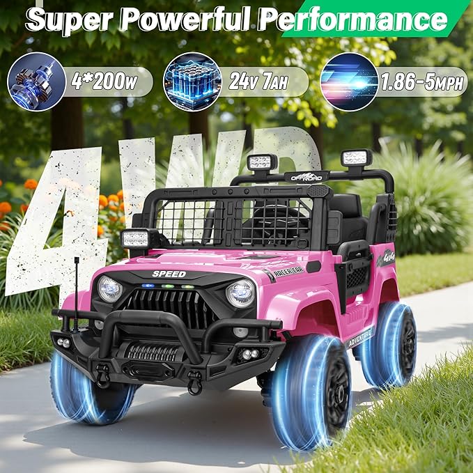 2 Seater Ride On Car Truck with Remote Control XL, Kids 24V Battery Powered Electric Vihicle w/21 in Seat, 3 Speeds, 2WD/4WD Switichable, Shock Absorbers,Bluetooth, Flower, Gift Choice-CubbioJoy