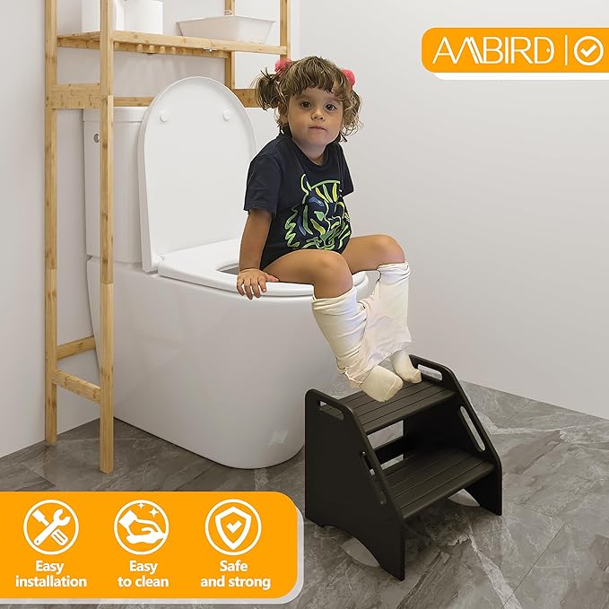 AMBIRD Wooden Step Stool, Two Step Stools 300 lbs Capacity with Safety Non-Slip Pads and Handles, Bamboo Step Stool for Bathroom, Kitchen Dual Height Step Stools for Adults (Black)-CubbioJoy