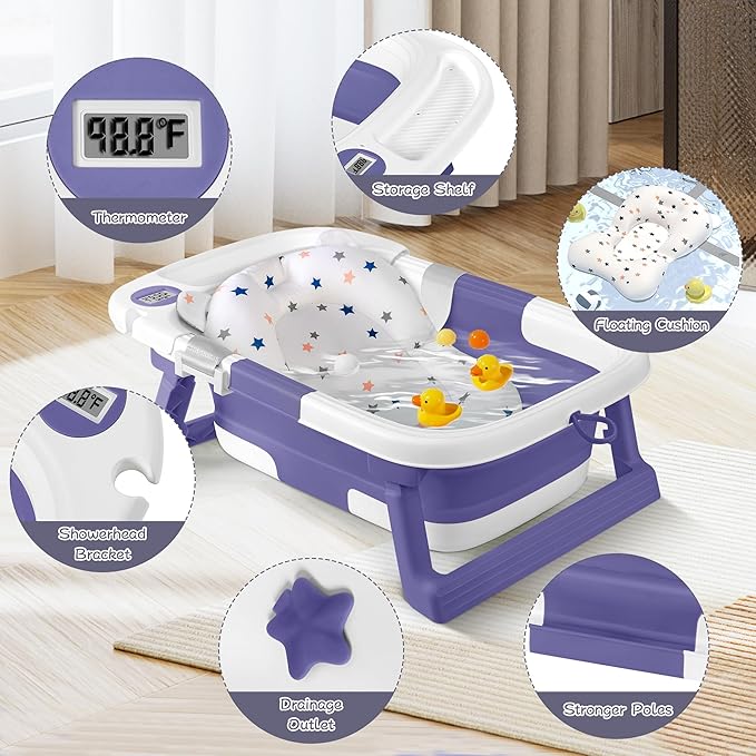 Collapsible Baby Bathtub,Baby Bath Tub with Thermometer & Soft Cushion,Baby Bathtub for Newborn to Toddler 0-36 Months,Portable Travel Baby Tub with No-Slip Feet,Baby Shower Gifts,Lavender-CubbioJoy