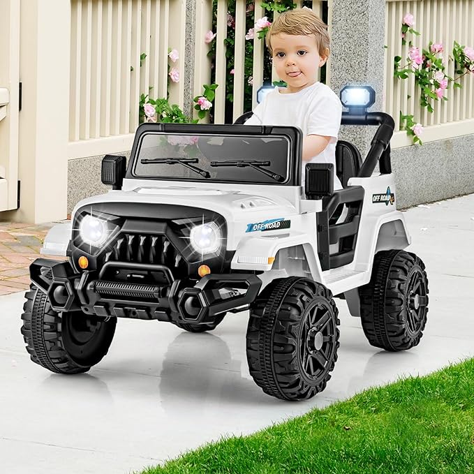 Costzon 12V Kids Ride on Truck Car, Electric Vehicle w/Remote Control, Threaded Wheels, 3 Speeds, LED Lights, Music, Horn & Wireless Connection, Battery Powered Ride on Toy for Boys & Girls 3+ (White)-CubbioJoy