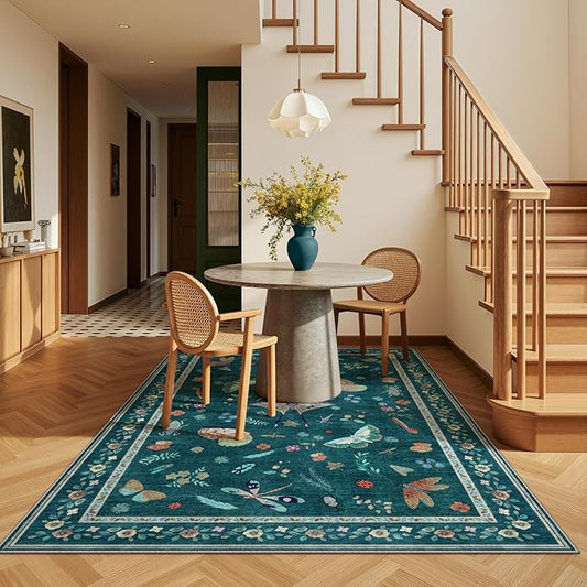 3x5 Washabl Rug with Insect Print - Bug Rug Non-Shedding Stain Resistant Soft Small Carpet for Bedroom, Low Pile Ultra-Thin Machine Washable Carpet for Nursery,Entrance, Office (3'x5' Teal)-CubbioJoy