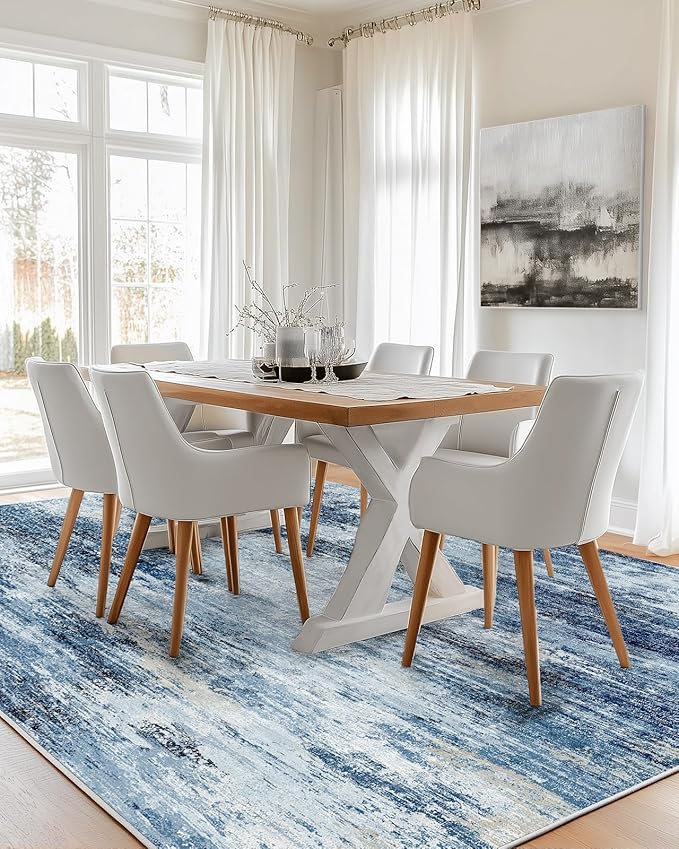 Amada 6x9 Washable Area Rug, Modern Abstract Living Room Rug with Non-Slip Backing & Short Pile, Large Rug with Abstract Pattern for Living Room, Bedroom and Dinning Room, Blue-CubbioJoy