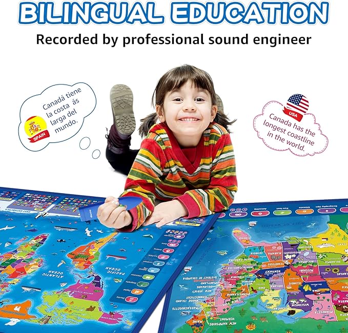 Bilingual Interactive for Kids Talking USA Map World Map for Kids Learning, Geography Toys Games Educational Electronic Map Personalized Gift/Toys for 4 5 6 7 8 9 10 Year Old Girls/Boys-CubbioJoy