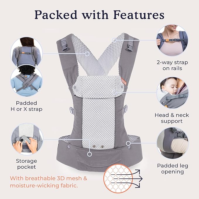 Beco Gemini Baby Carrier from Newborn to Toddler - Certified Ergonomic Newborn Baby Carrier for Infants and Children of 7-35 lbs - M Shape, Adjustable Seat, Breathable 3D Mesh (Cool Dark Grey)-CubbioJoy